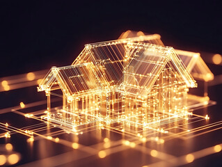 Fototapete - A digital representation of a house illuminated with golden lines, symbolizing innovation in architecture and technology