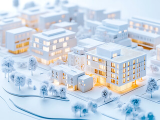 Fototapete - A detailed architectural model showcasing a modern urban landscape with illuminated structures amidst a snowy environment