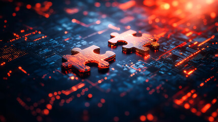 Digital representation of API integration concept with two interlocking puzzle pieces against a futuristic tech-inspired abstract background, symbolizing connectivity and interoperability