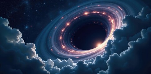 Wall Mural - large black hole on a white background with swirling dark clouds and stars in the distance, dark mat