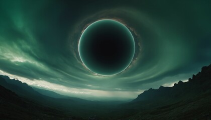 Wall Mural - a dark, circular void or eclipse-like phenomenon with a faint glowing ring, suspended in a stormy, g