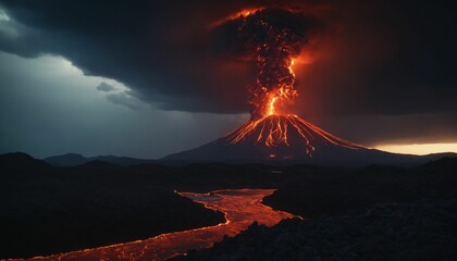 Wall Mural - volcano erupting with fiery lava and ash plumes against a stormy, dark sky, with a river of lava flo