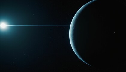 Wall Mural - spherical planet with a subtle blue atmospheric glow is partially illuminated by a bright, distant s