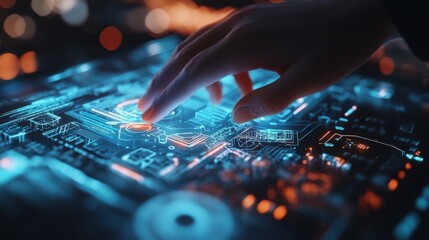 Human hand interacts with digital data on illuminated display surface