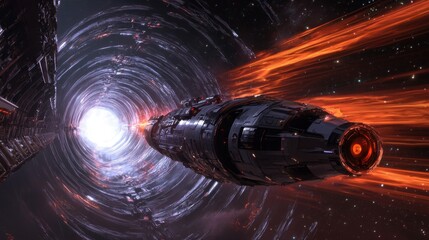 Wall Mural - a futuristic spacecraft moves swiftly through a dynamic vortex, surrounded by swirling energy and li