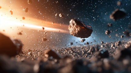 Wall Mural - an asteroid belt floats in the vastness of space, with a trail of light behind a speeding rock. the 