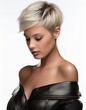 © Roberto - studio portrait of a blonde woman looking down with short hair wearing a low cut black leather dress top with nude shoulders on a white background, fashion photography