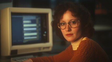 1970s portrait of a woman computer programmer in vintage office setting