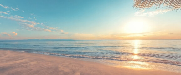 Fototapete - Serene sunset over calm ocean waters with sandy beach and soft clouds