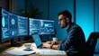 © Asawin - a programmer diligently working at a desk with multiple computer screens displaying code and data