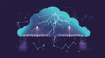 Abstract digital illustration depicting a stylized cloud with a bridge structure integrated within it.  The cloud is rendered in shades of light teal, with a prominent lightning bolt striking