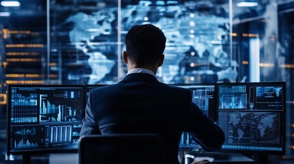 Professional Analysis: Expert analyzing data across multiple screens in dark room