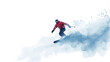 © san - The image shows a snowboarder in motion against a bright white background.  The snowboarder is wearing a red jacket and dark pants, their face is obscured.  The snowboarder is creating a