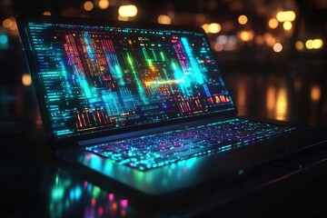 A laptop displays vibrant, colorful code, suggesting software development, data analysis, or cybersecurity.