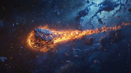 Wall Mural - a flaming celestial body streaks through the vast dark outer space