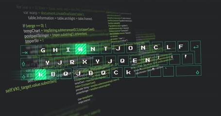 Animation of green digital keyboard overlaying programming code on dark background