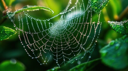 a dewdrop-covered spiderweb stretched between leaves, capturing the morning light and sparkling like tiny diamonds. High-definition macro photography. 
