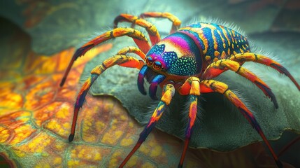 a vibrant Peacock Spider displaying its colorful, iridescent patterns while performing an intricate courtship dance on a leaf.
