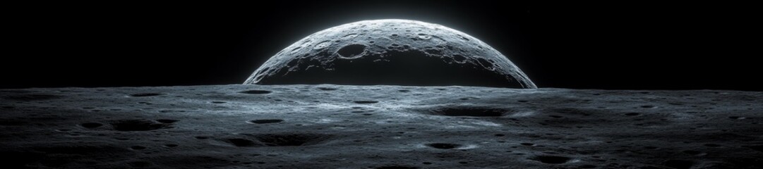 Wall Mural - Majestic Lunar Landscape with Rising Moon and Rugged Terrain. Generative AI
