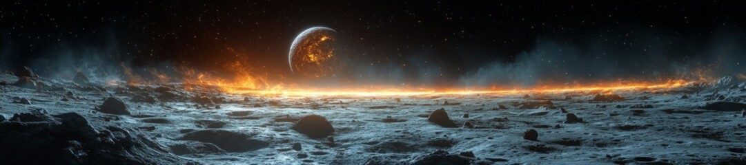 Wall Mural - Futuristic Spacecraft Orbiting the Moon with Fiery Horizon and Starry Sky. Generative AI
