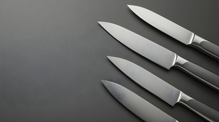 Set of four kitchen knives on dark background for culinary and food preparation purposes