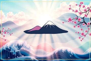 Wall Mural - Mountains and Cherry Blossoms Illustration