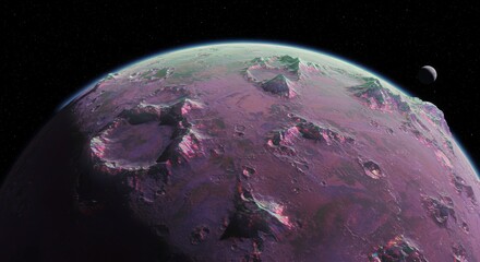 Wall Mural - generative ai alien planet surface with distant moon planet alien planet moon surface purple craters