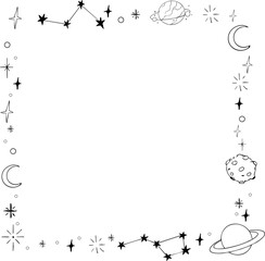 Sticker - Star celestial divider, border frame, space with blink stars,  planets, comets. Doodle siple line  