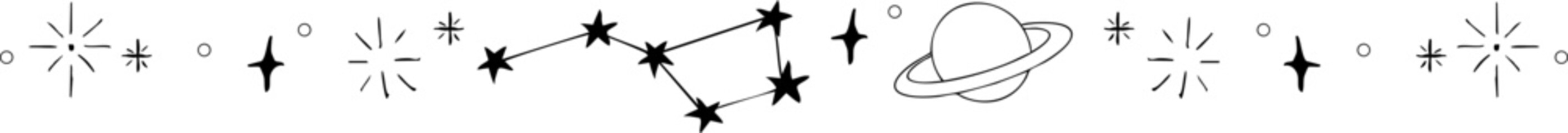 Sticker - Star celestial divider, border frame, space with blink stars,  planets, comets. Doodle siple line  