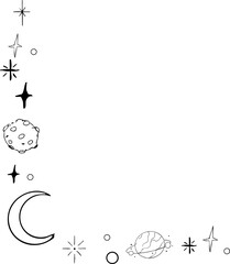 Sticker - Star celestial divider, border frame, space with blink stars,  planets, comets. Doodle siple line  