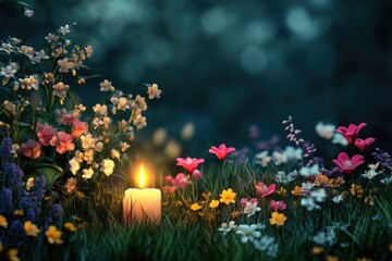 Wall Mural - A lit candle surrounded by a beautiful field of flowers, ideal for romantic or peaceful scenes
