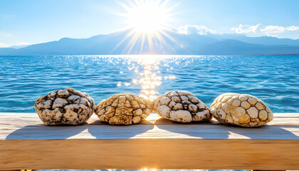 Wall Mural - four decorative stones on a seaside railing at sunset