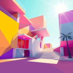 Wall Mural - Colorful and modern architectural design featuring vibrant hues and geometric shapes surrounded by a bright sunny sky