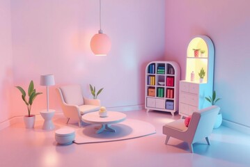 Wall Mural - Modern minimalist living room with pastel colors and decorative plants