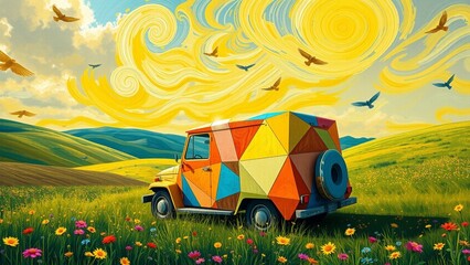 Wall Mural - Colorful van in vibrant landscape with mountains and birds