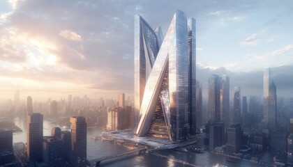 Aufkleber - Modern architectural marvel reflects sunset hues in urban landscape by the water