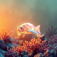 Wall Mural - Polygonal fish swimming among vibrant corals in an underwater scene emphasizing colorful marine life