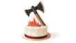 © ping - A digital illustration depicting a round white cake with white frosting and a red ribbon around the base.  A double-bit axe with a brown wooden handle is planted in the cake.  Stylized orange and