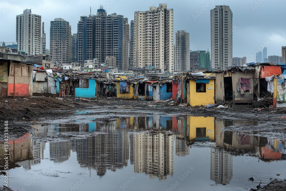 Mid Rise Slums Urban divide, poverty, and reflection. Slums and skyscrapers meet Stock ...