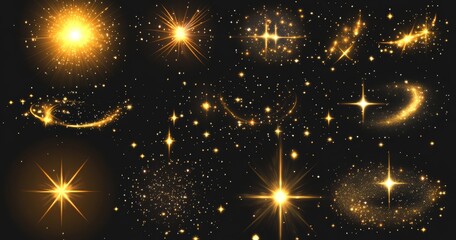 Wall Mural - golden cosmic light effects. collection of glowing stars, sparks, and light trails