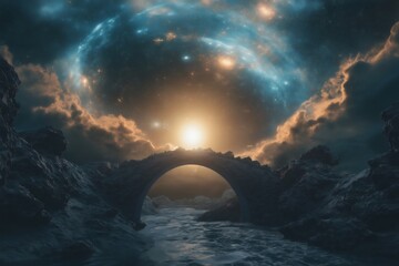Wall Mural - Stone bridge over a stream connecting two rocky mountains under a starry sky with bright sun, nebulae and clouds, digital illustration