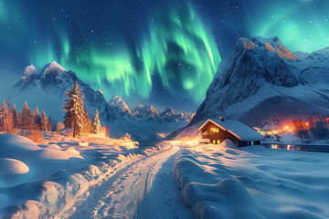 northern lights in the mountains. beautiful winter night landscape.