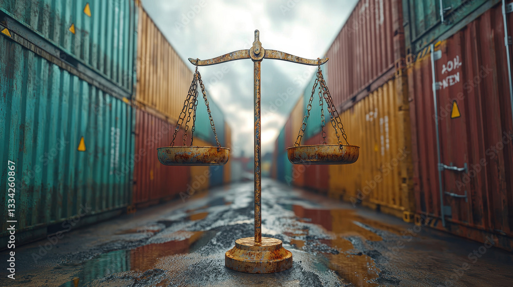 Giant balance scale measuring trade imbalance between cargo containers ...