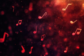 decorative pattern of red music notes floating on a dark, mysterious background