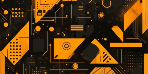 Abstract geometric composition featuring orange shapes and lines on black
