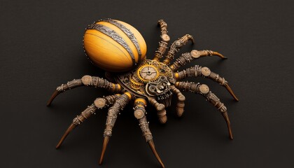 A creatively designed spider with an ornate, egg-like body showcases intricate details and colors.