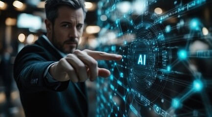 A man pointing at a screen with the word AI on it