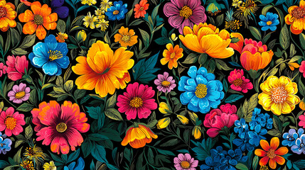 Poster - A rich tapestry of colorful flowers including vibrant blooms in various shades of blue, orange, pink, and yellow fills the canvas with life