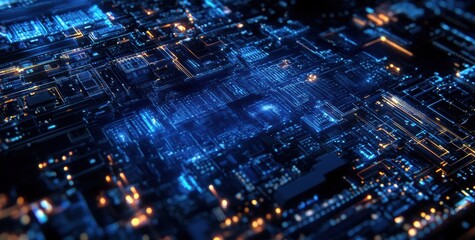 A computer chip is shown in a blue and white color scheme