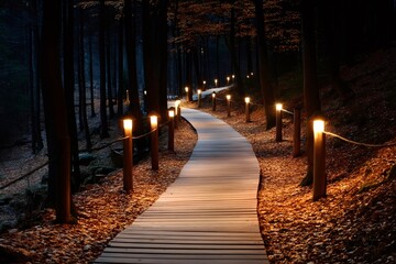Wall Mural - Winding wooden path illuminating dark forest at twilight